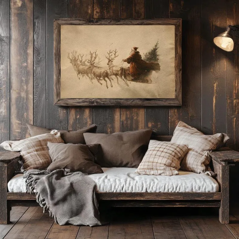 خمر شجرة عيد الميلاد مريحة عطلة الحصان تعادل مزلقة الشتاء المشهد المشارك حائط لوح رسم الفن صور ديكور المنزل #4