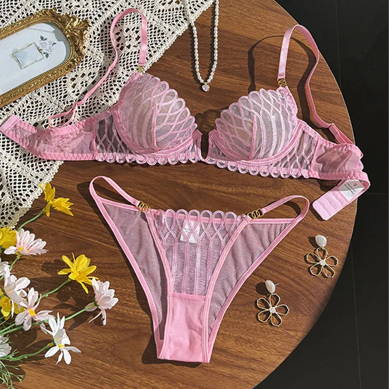 New Lace Transparent Lingerie Set Sexy Hot V Neck Anti Sagging Breathable Bra Panty Ensemble Fashion Daily Women Clothes Supply