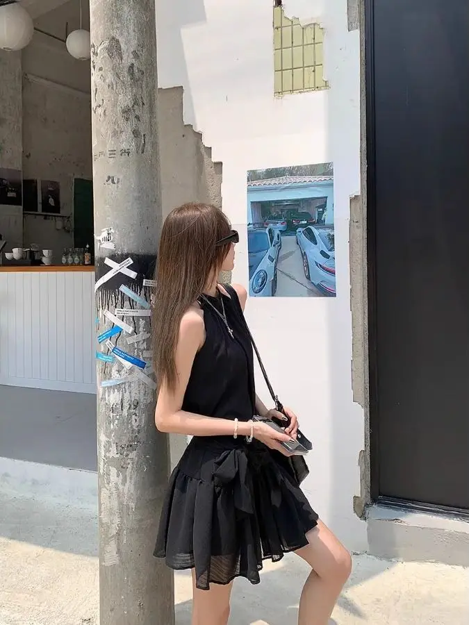 Elegant Fairylike Neckline Sleeveless A-Line Short Dress Hanging Neck Design High Waist Slim Fit Perfect for Holiday And Casu...