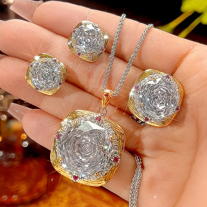 Joyería Vintage, Conjunto de Colgante Redondo con Halo, Superventas Transfronterizas, con Base Chapada en Oro y Circonitas Blancas para Mujer, Regalo del Día de la Madre