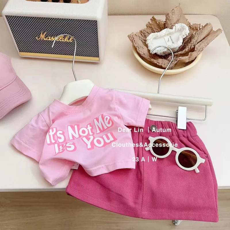

2026New style girls' pink letter printTT-shirt and short skirt set, trendy two-piece summer outfit