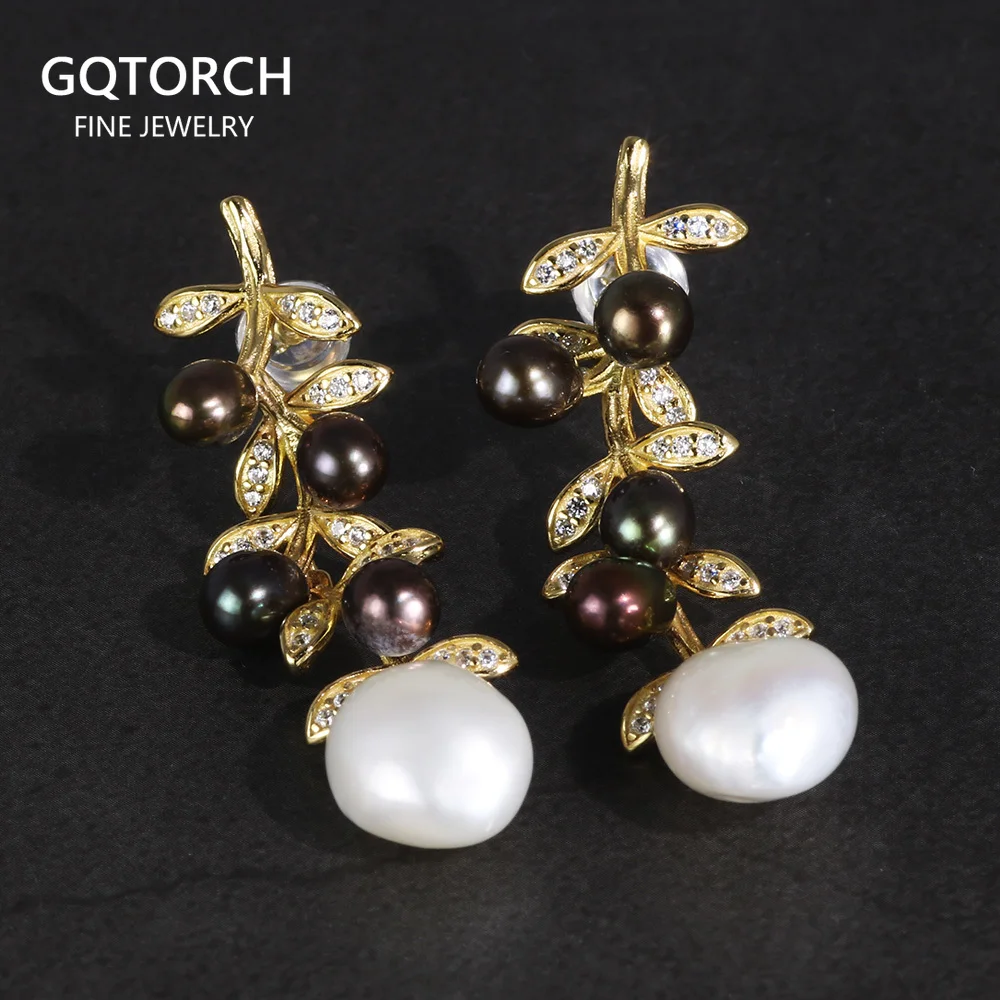 

Оптовая продажа, серьги-подвески из стерлингового серебра 925 пробы с цветком для женщин с натуральным нерегулярным жемчугом в стиле барокко, черно-белые цвета