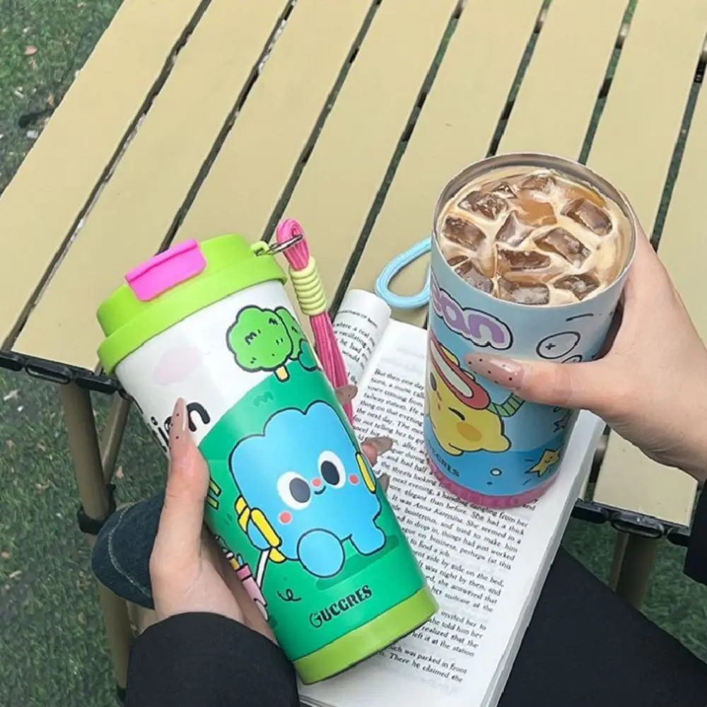 

500ML Double Drink Coffee Cup Graffiti Large Capacity Stainless Steel Insulated Cup Heat-resistant Straw Cup Thermos Tumbler