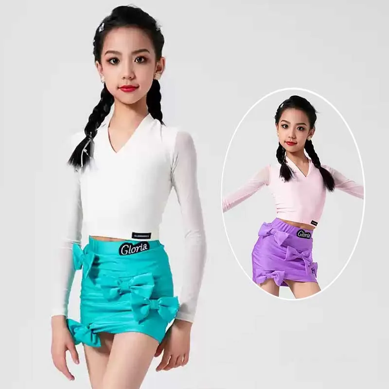 

Multi-Color Latin Dance Costume Girls Practice Skirt Cha Cha Rumba Performance Suit Kids Line Dance Clothes Long Sleeve Top 1514