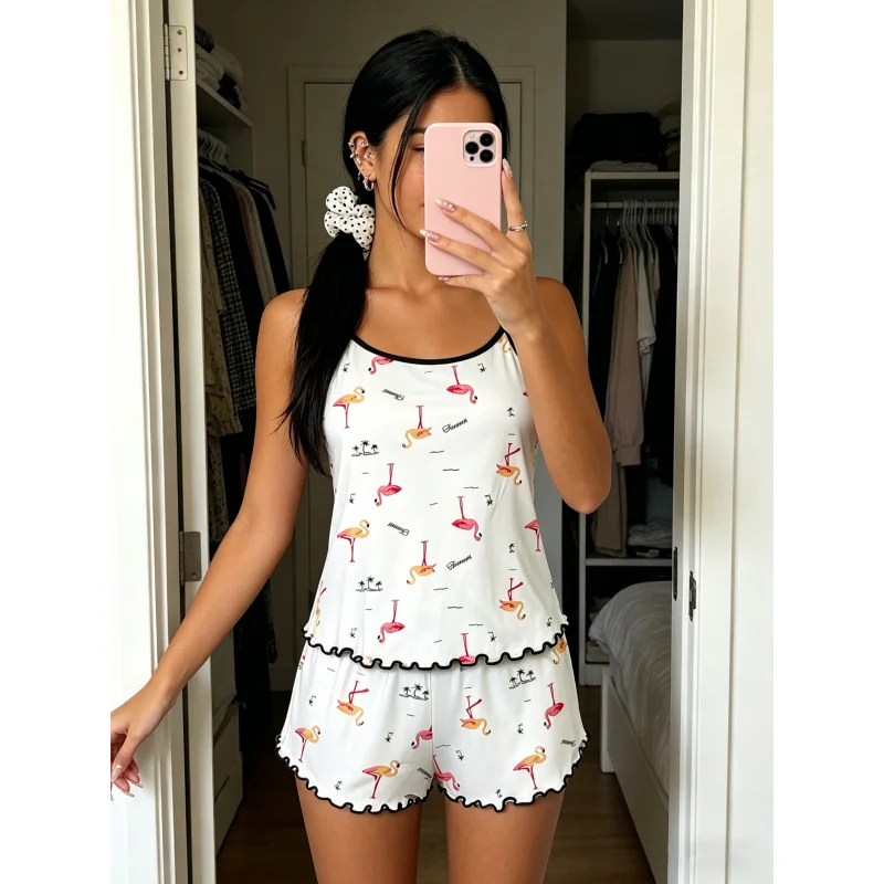

Women Spring Summer Fall Pajama Set Spaghetti Strap Ruffle Trim Round Neck Sleeveless Cami Shorts Tropical Flamingo Palm Print