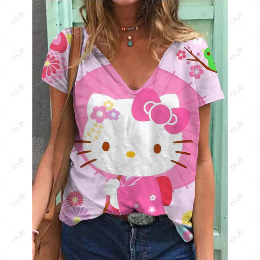 2025 Cartoon Hello Kitty 3D Stampa T-shirt a maniche corte Donna Estate Moda Per il tempo libero Con scollo a V Magliette larghe Estate Y2K Stile