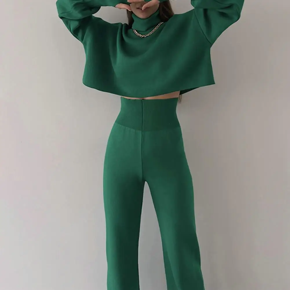 Women Top Pants Set Loose Long Sleeve Turtleneck T-shirt Elastic Waist Wide Leg Pants Autumn Winter Lady Blouse Trousers Set