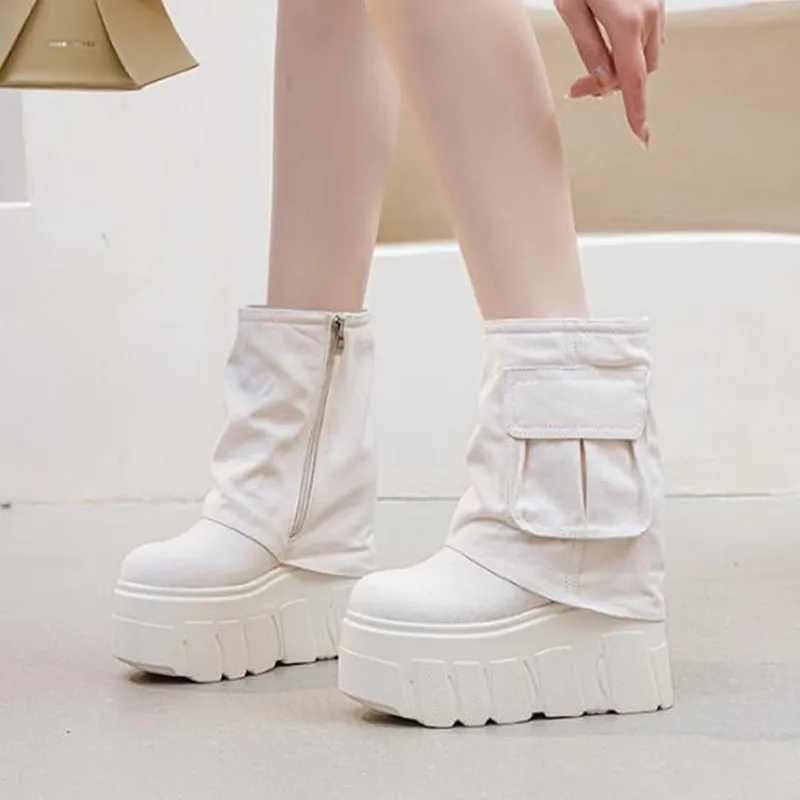 2026 14CM Street Style Denim Mid Calf Platform Wedge Breathable Women Boots Casual Knee High Boots Autumn Female Spring Shoes