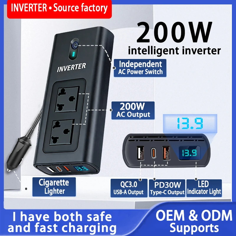 200W Car Inverter 12V to 110V 220V 230V Converter with Cigarette Lighter Socket Plug PD Fast Charge Adapter for Vehicle
