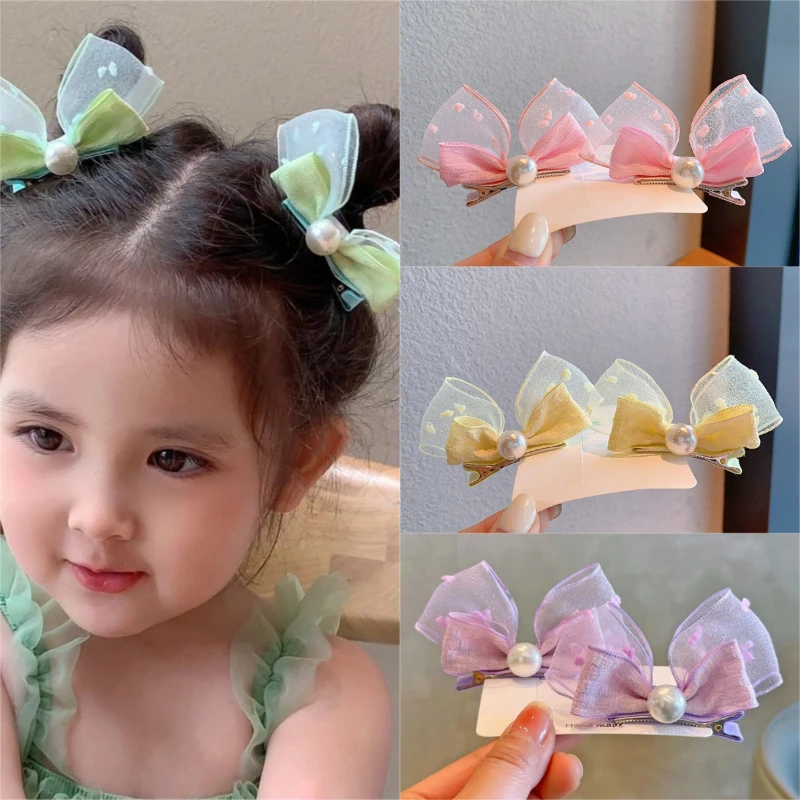 

2pcs Mesh Bow Children Hairpins Pearl Hair Clips Princess Girl Headdress Baby Headwear Kids Barrettes Accessories Photo Props