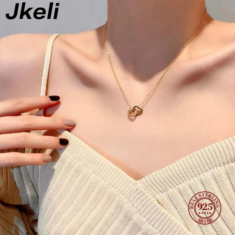 Jkeli Double-ring heart-shaped Necklace 925 Sterling Silver Full Diamond Love Pendant Niche Rose Gold  New Style