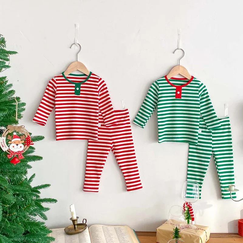 Christmas Kids Baby Boys Girls Stripe T-shirt +Pants Clothing Sets Long Sleeve Baby Boys Girls Pajamas Children's Clothes Suit ﻿