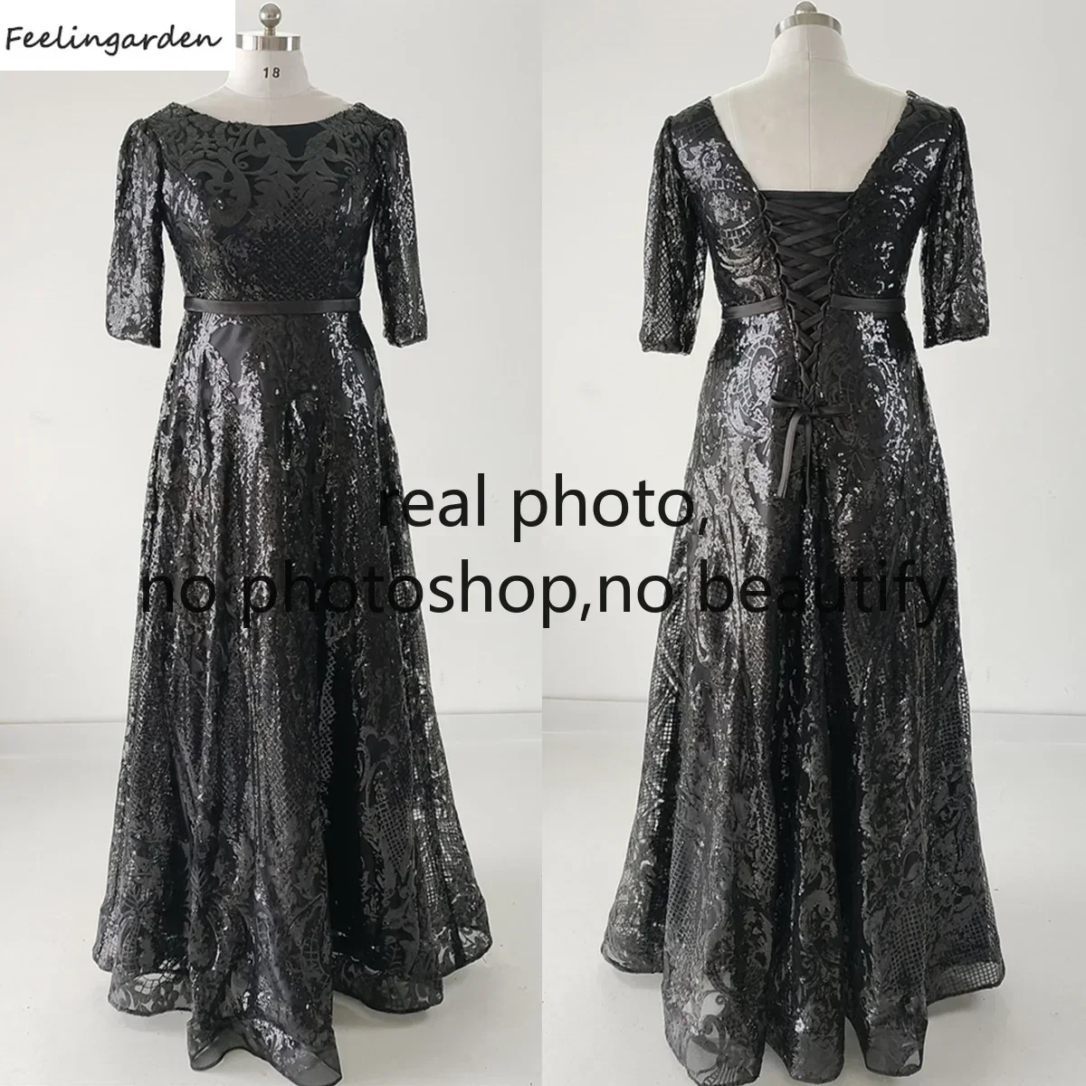 

Feelingarden индивидуальное вечернее платье с настоящими фотографиями, черное вечернее платье трапециевидной формы с круглым вырезом и блестками длиной до пола, большие размеры, женское вечернее платье