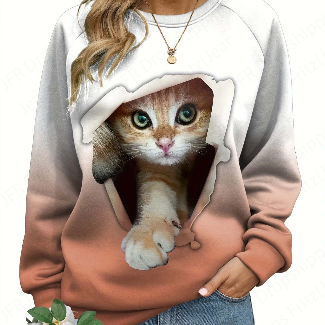 Funny Women\'s Hoodie 3D Cartoon Hole Breaking Cat Print Sweatshirt Casual O-Neck Hoodie Fashion Womens Sweats Spring Autumn Coat