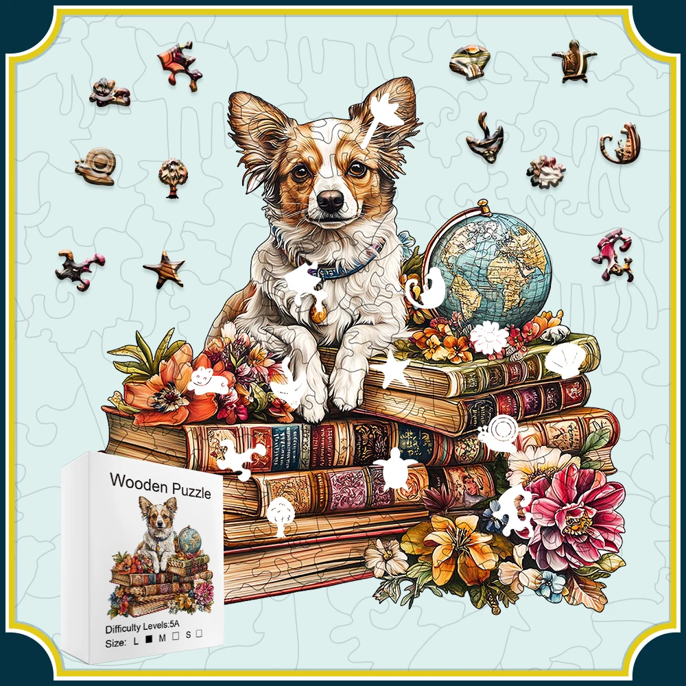 

Новый деревянный пазл - Игрушка-головоломка в форме собаки лежить на книге - Уникальный подарок - Деревянный пазл неправильной формы - Декоративная роспись -