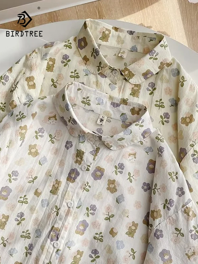 

New 2026 Summer Women Cotton Short Sleeve Shirt, Turn-down Collar Printed, Mori Girl Japan Preppy Style Loose Blouse T66194CC