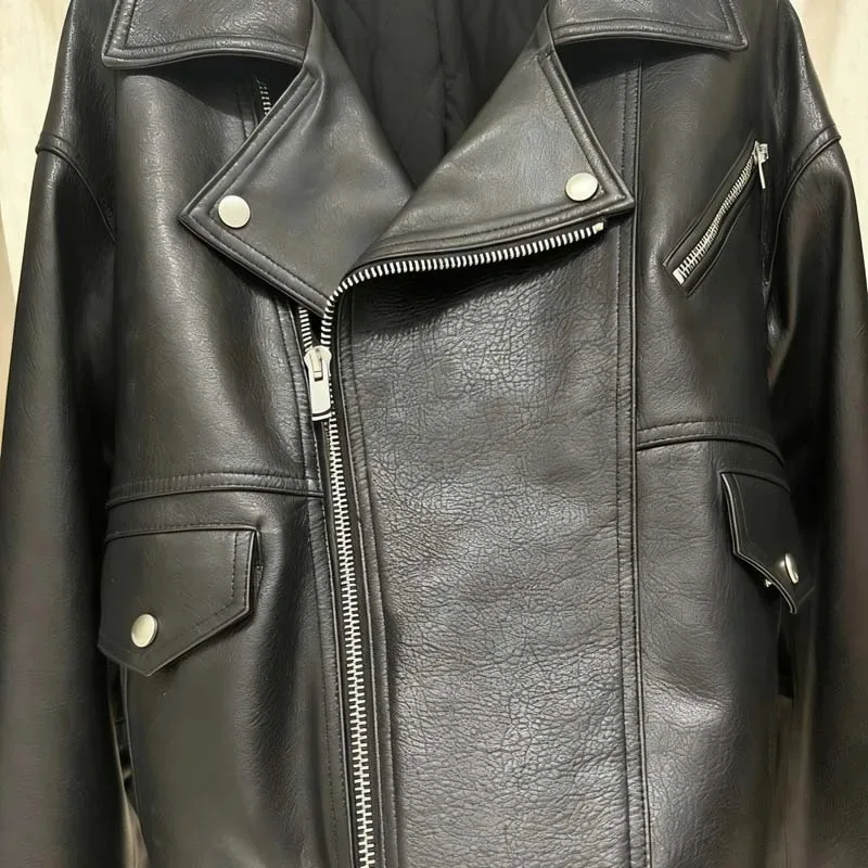 

Женская кожаная куртка-косуха оверсайз из натуральной кожи с асимметричной молнией, карманами, поясом и регулируемым низом, из натуральной овечьей кожи, повседневная верхняя одежда