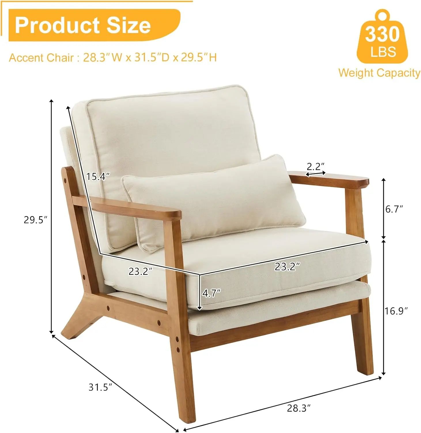 Karl home Accent chair, wide armrests, medieval leisure chair, linen armrests, with lumbar pillow and solid wood frame