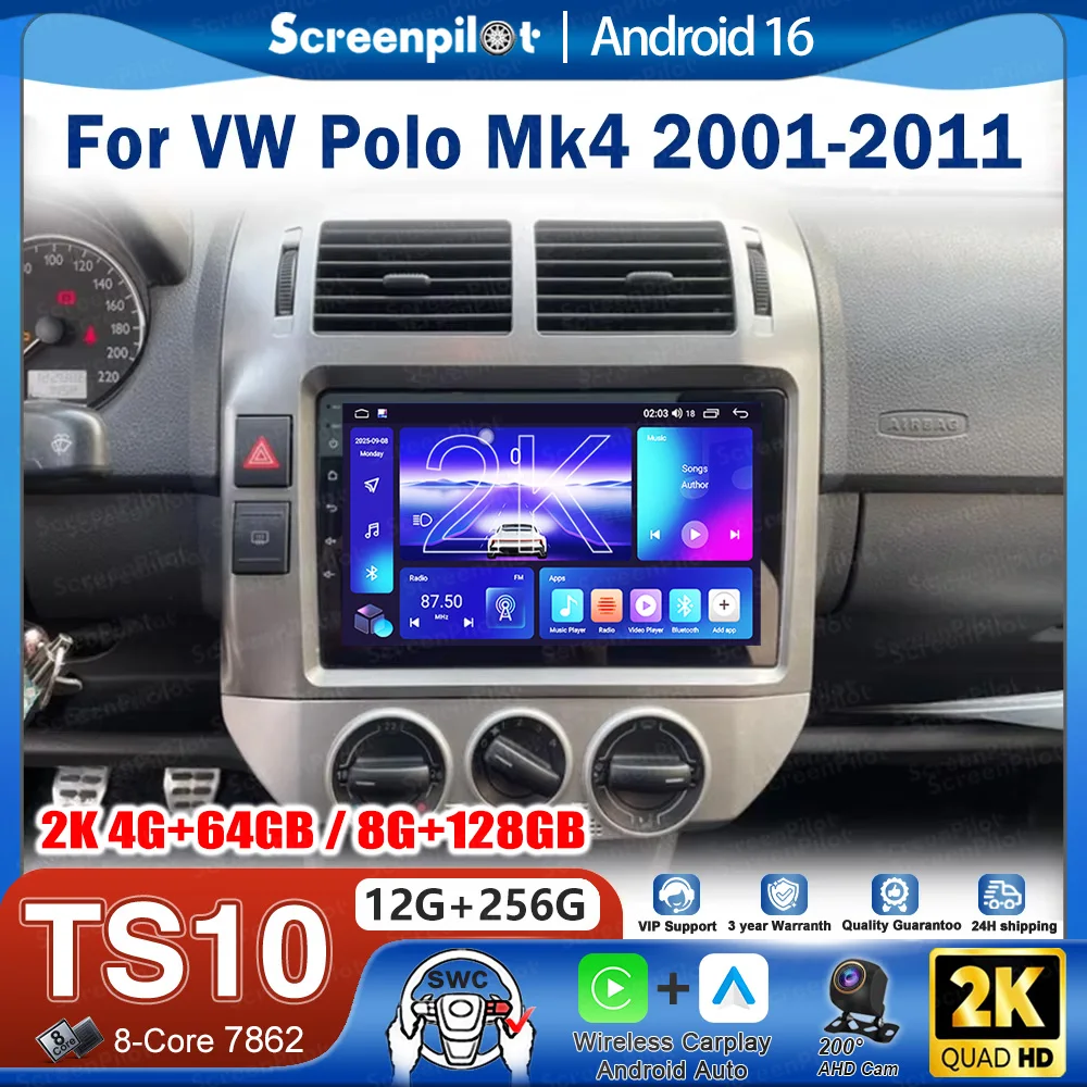 Android 16 For Volkswagen Polo Mk4 2001 - 2011 Car Radio Stereo Head Unit CarPlay Auto Radio Touch Screen Wifi 8 Core Car GPS