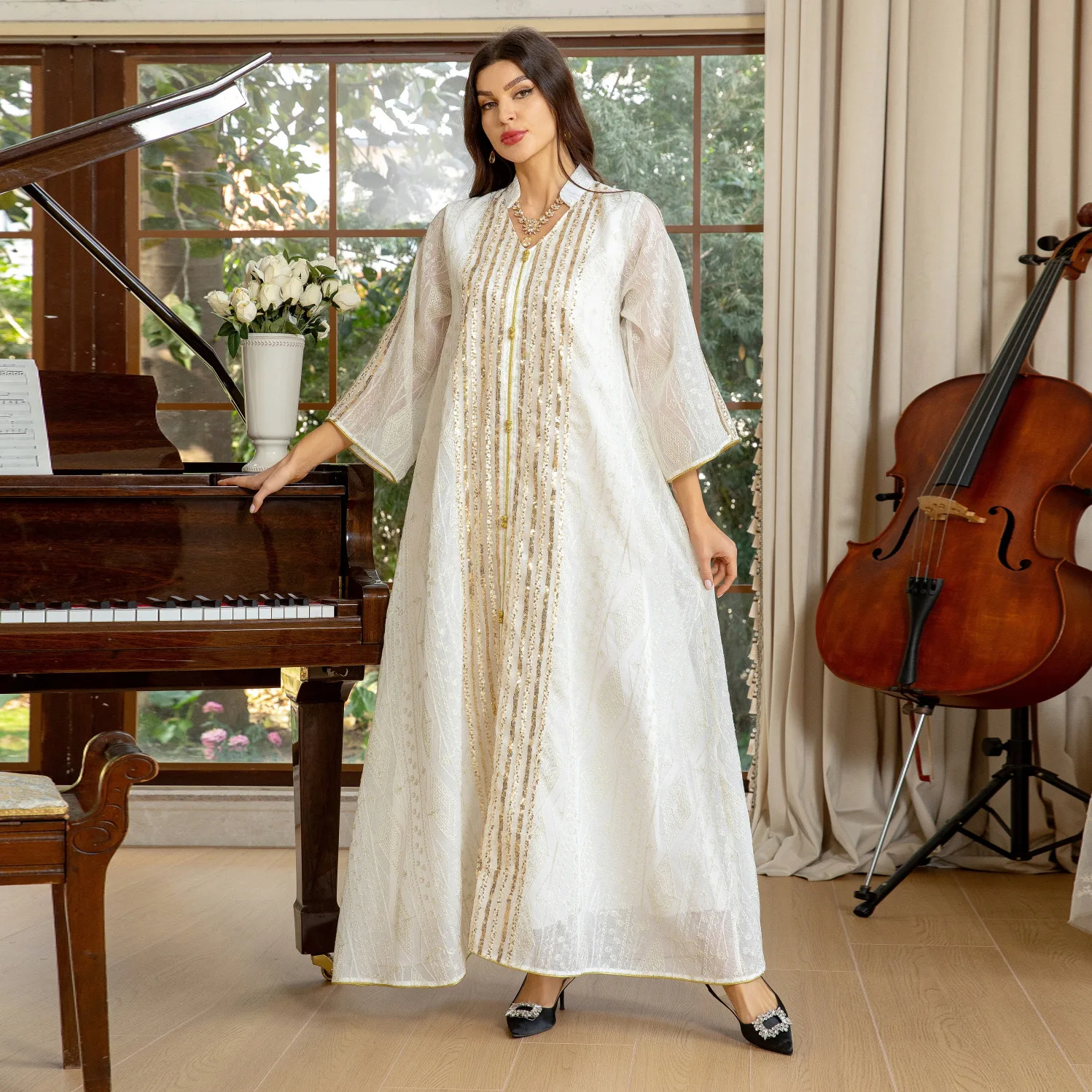 Luxury Blue White Abayas for Muslim Women Embroidered Evening Dress Sequins Ramadam Kimono Full Length Dresses Fashion Robe