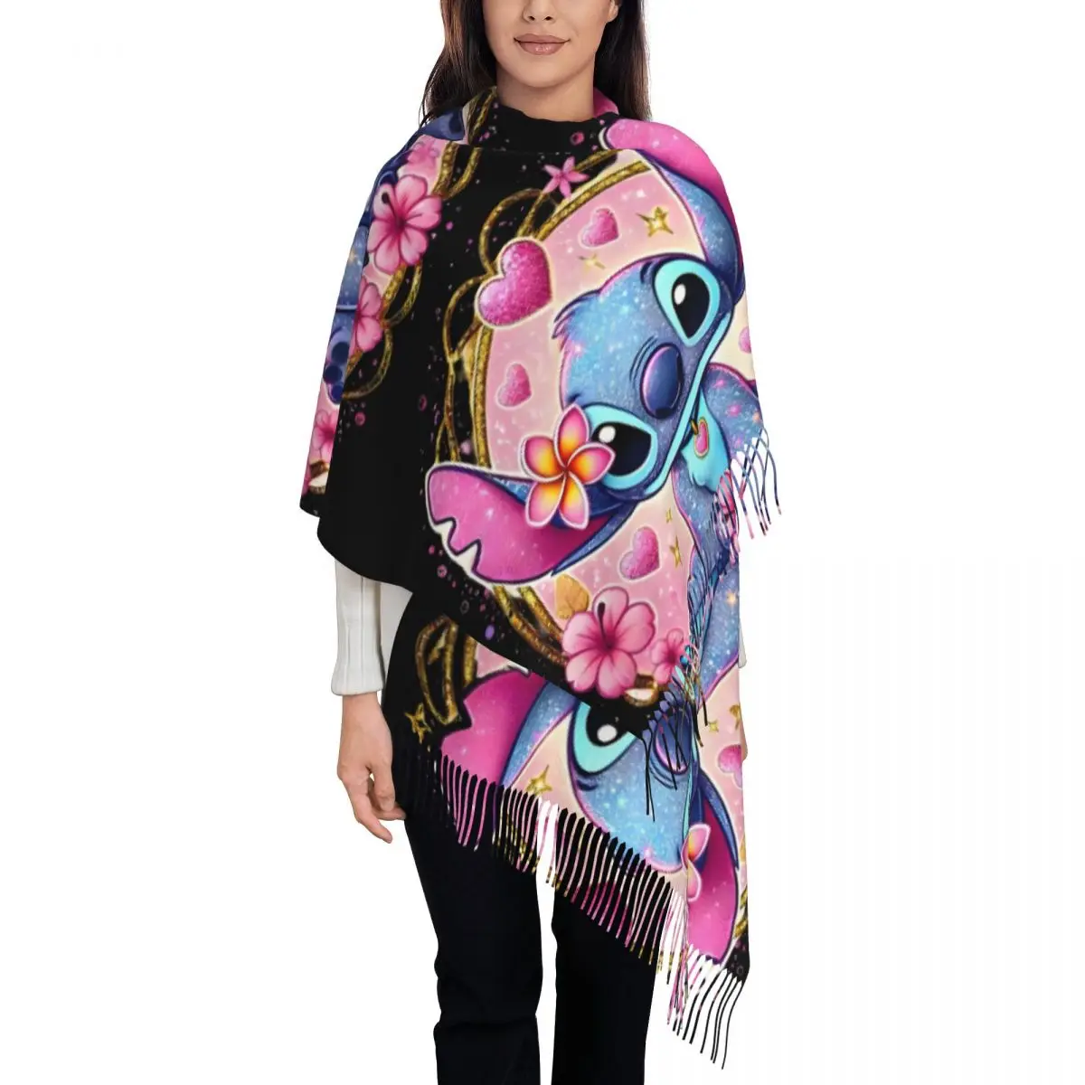 

Custom Stylish Lilo And Stitch Anime Tassel Scarf Women Winter Fall Warm Shawl Wrap Lady Cartoon Kawaii Scarves