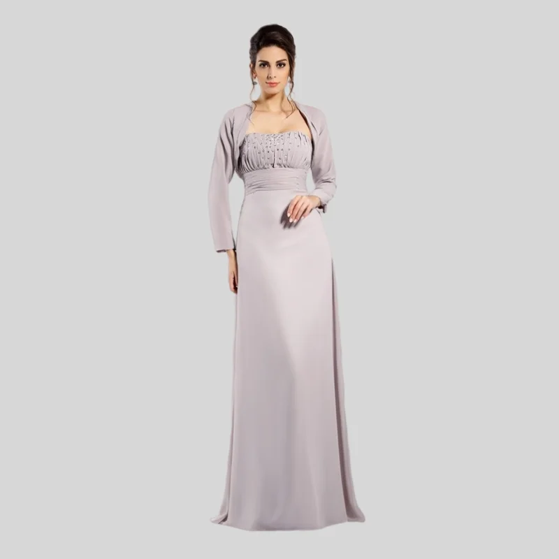 

Plus Size Mother Of The Bride Dresses A-line Strapless Chiffon Beaded With Jacket Long Groom Mother Dresses For Wedding