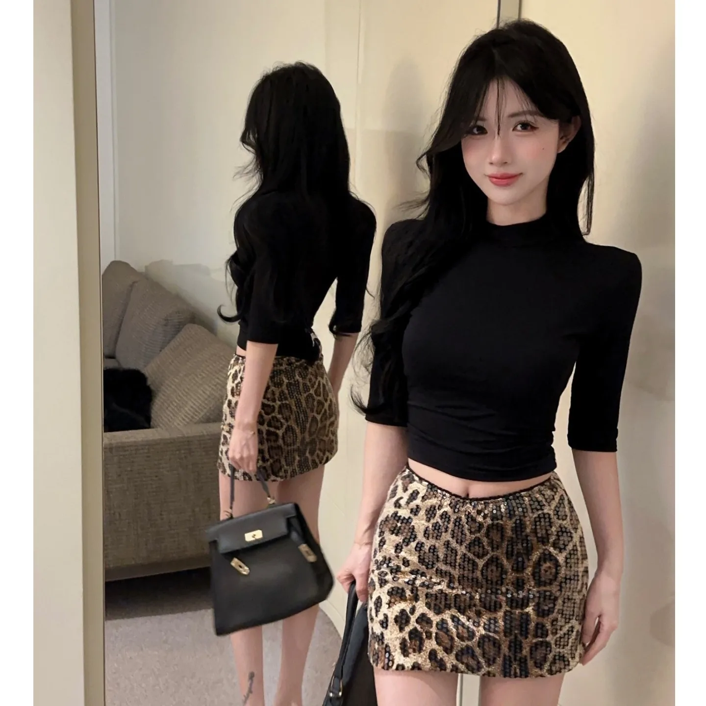 Sexy American Style Short Skirt Set with Leopard Print Sequins Wrap Body Casual mid Sleeve High Collar T Shirt for Women