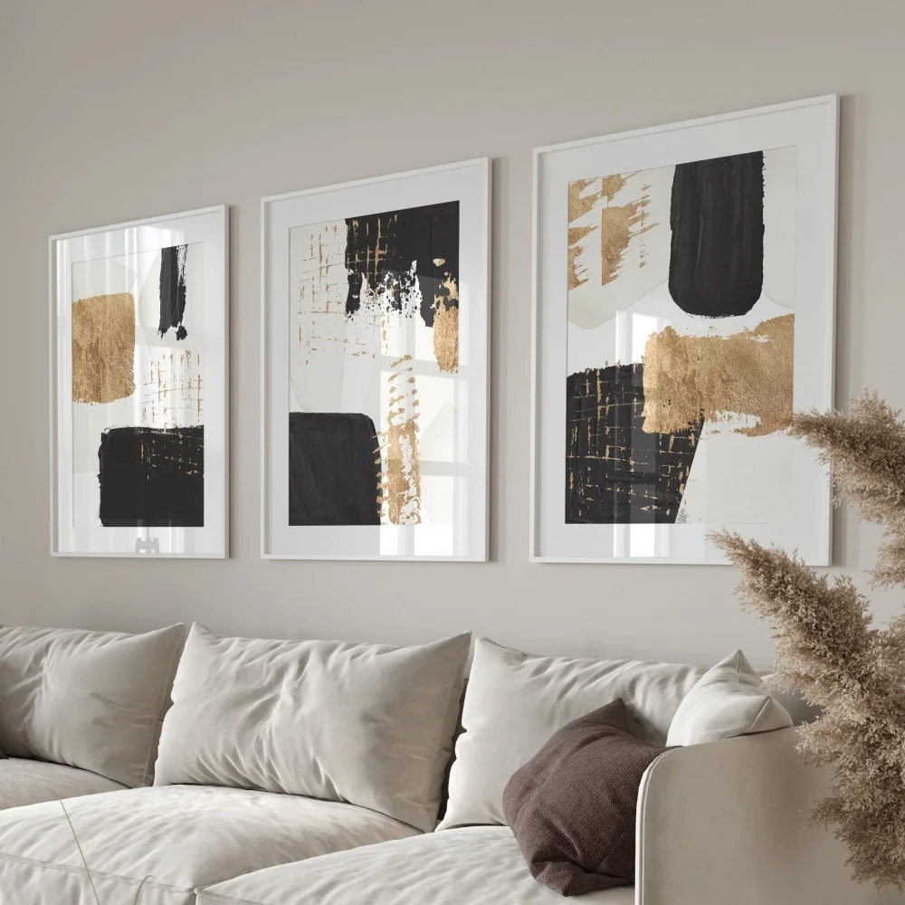 Large-sized frameless 3pcs  Abstract Wall Art Black Gold Watercolour Shapes Printable Wall Art Set of 3 Geometric Hallway Pri