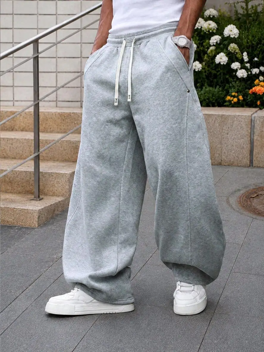Men Wide Leg Casual Sweatpants, Double Drawstring Elastic Waist, Side Rivet Accent, 3D Cut Stitching, Draped Knit Fabric, Loose Straight Fit, Side Pockets, Streetwear Versatile Trousers