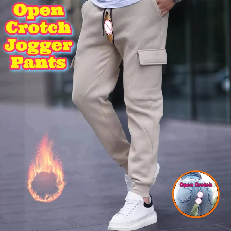 

Open Crotch Men Heavyweight Fleece Jogger Pants Winter Warm Soft Tapered Sweatpants European American Style Workout Casual Urban