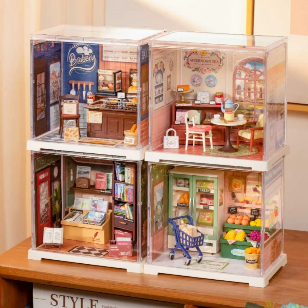 Robotime Rolife Plastic House Building Set Toy DIY Miniature Dollhouse Playset with LED for Mini Toys Gifts for Teens Adults DWS