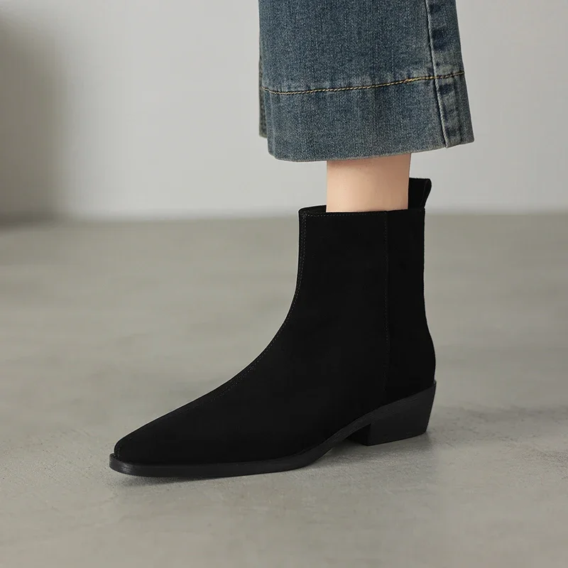 2026 new autumn winter women ankle boots natural leather plus size 22-26cm kid suede square toe thick heel side zip short boots