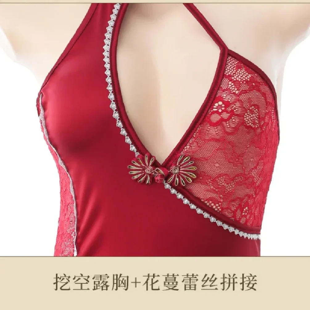 Irregular Splicing Satin Lace Cheongsam Babydoll Sexy Qipao Dress Traditional Chinese Uniform Cosplay Erotic Teddy