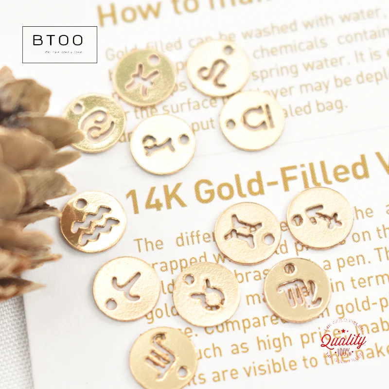 Real 14K Gold Filled 7mm Round Disc Twelve Constellations Charms Gold Drop Pendant for Jewelry Making DIY Jewelry Accessories