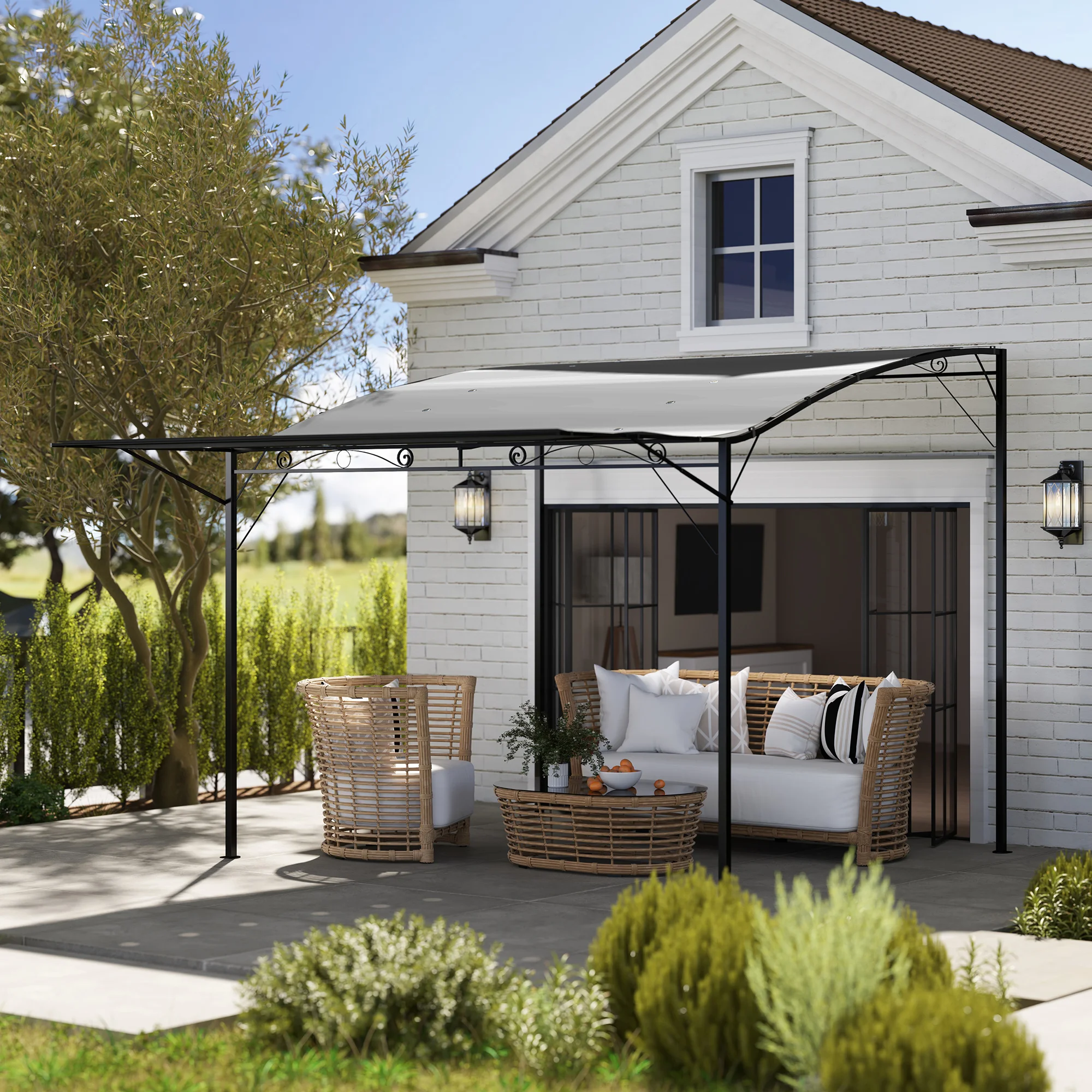 10' x 8' Outdoor Pergola and Patio Gazebo for Garden, Camper, Deck, Doors and Windows, Dark Gray
