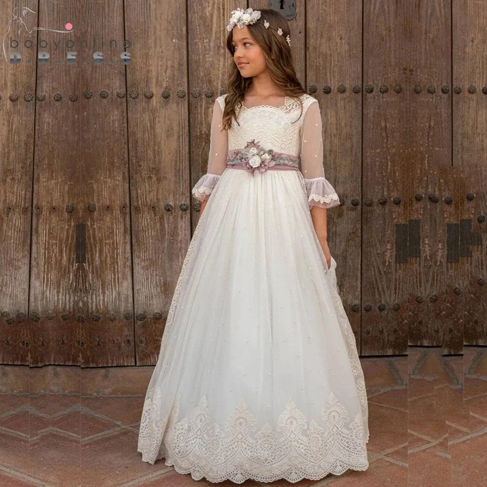 

BABYONLINE Customized Bohemian Fairy Girl Communion Dress Bo Illusion Lace Sleeve Double Layered Embroidery MiniBride Flowers