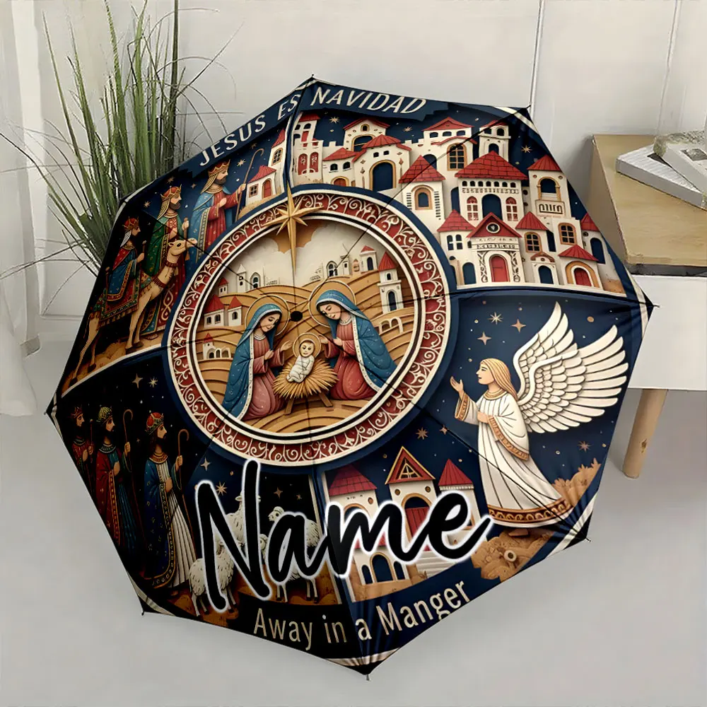 Custom Name Nativity Scene Umbrella Design with Religious Themes Print 8 Iron Ribs Folding Umbrella, Auto-Open Fashion Sunshade