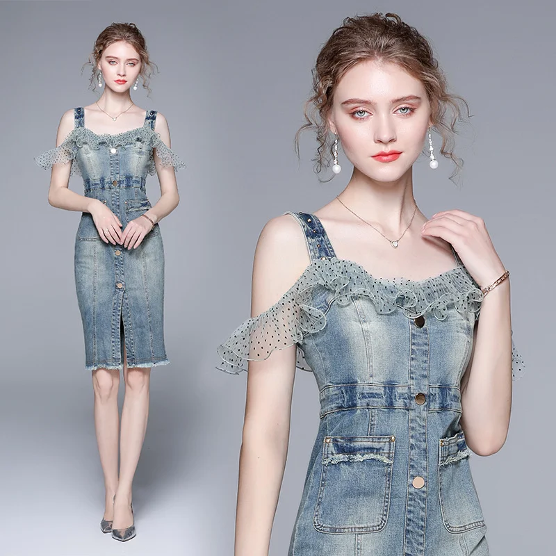 2023 Summer New Fashion Wave Net Yarn Falbala Splicing Condole Cowboy Dress Is Female