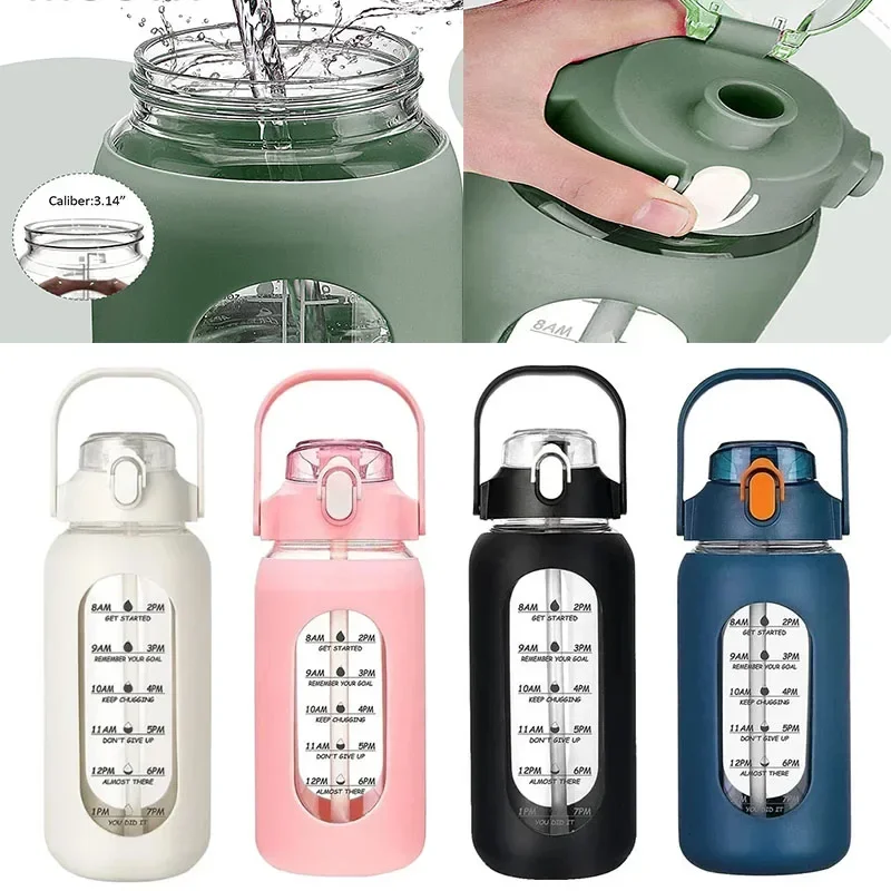

2024 New 946ml/1656ml/1892ml Glass Bottle With Silicone Straw Sleeve And Time Marker Camping Office Gym Glass Water Bottle