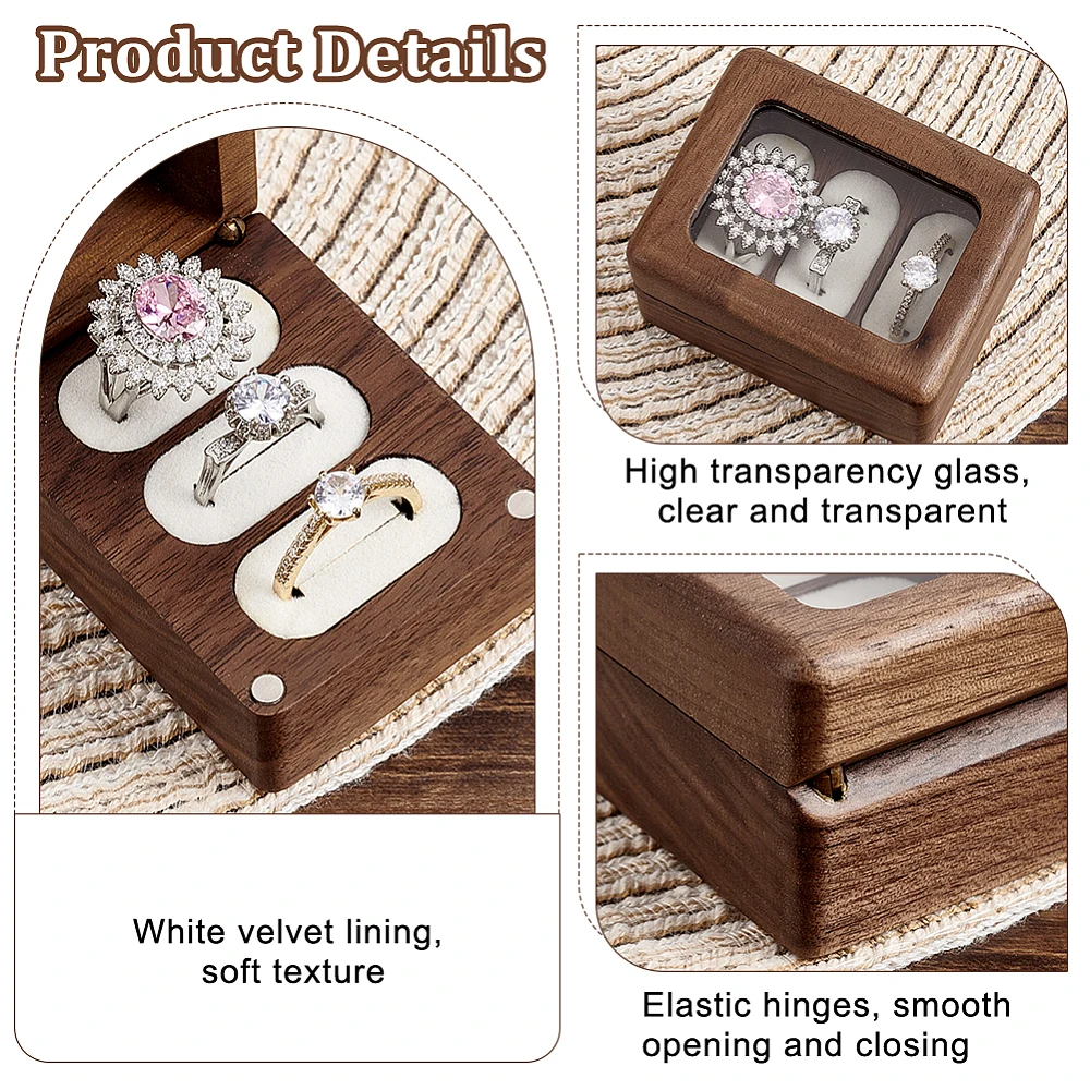Wood 3 Slot Ring Box with Glass Lid for Wedding Proposal Walnut Wood Ring Bearer Cube Flip Box 3 Ring Storage Box with Lid view 6
