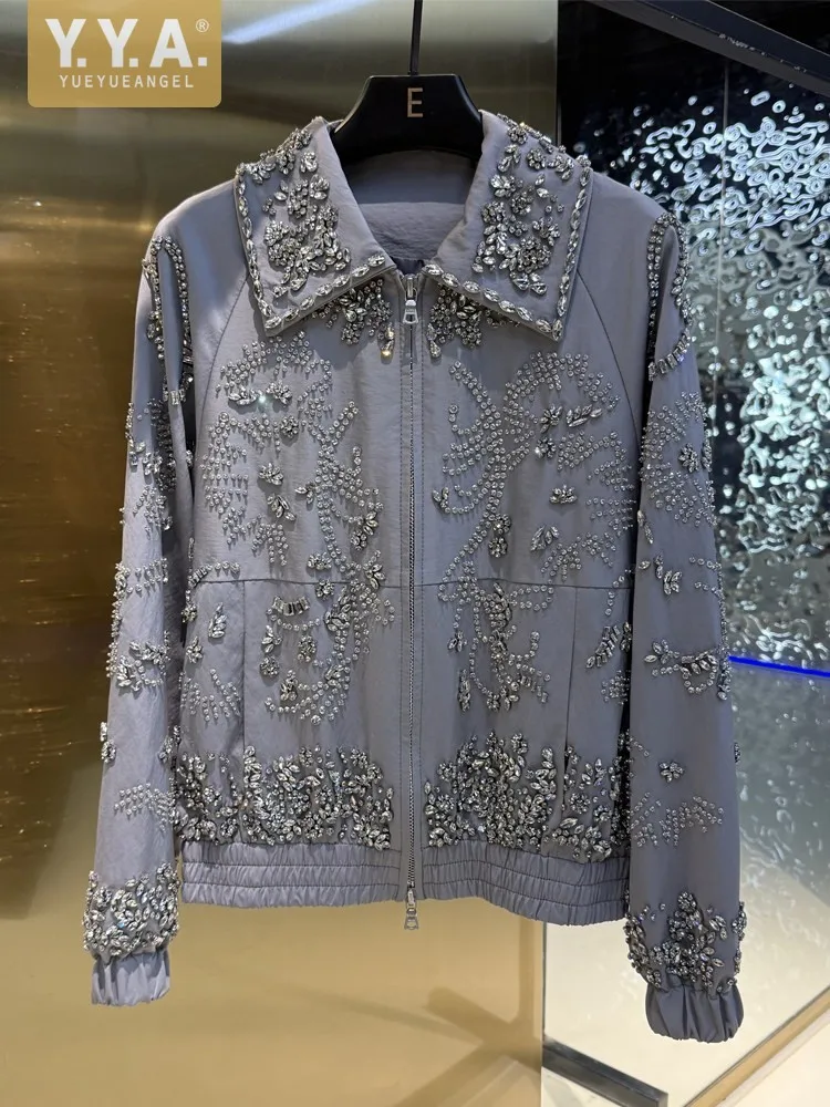 New Women Sequined Diamonds Zipper Sheepskin Genuine Leather Jacket Lapel Casual Windbreakers Outerwear Fashion Streetwear Short