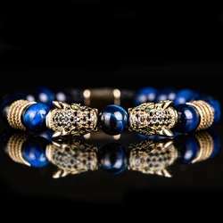 New Trend Double Leopard head Handmade tiger's-eye Bracelets Accessories Handmade Men's Jewelry Pulseras homme