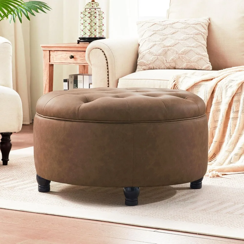 

30-Inch Round Storage Ottoman, Button Tufted Ottoman Coffee Table with Removable Top for Living Room, Bedroom, Office (Cognac Ta
