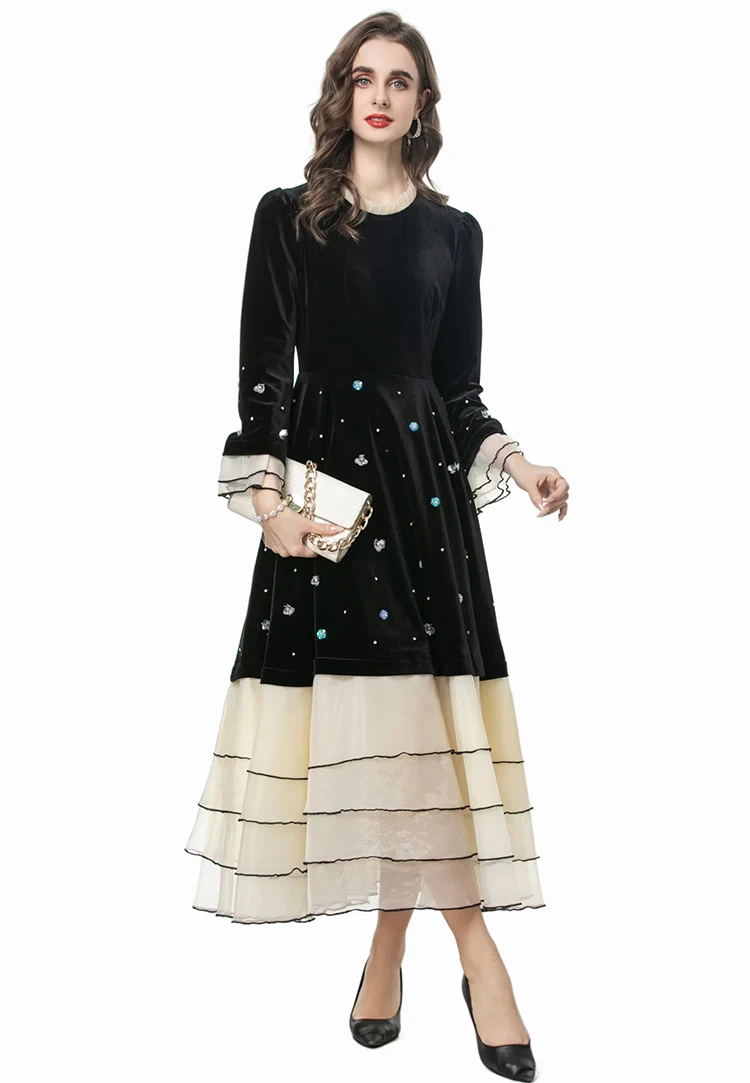 DLDENGHAN Damen Stehkragen Flare Ärmel Pailletten Perlen Vintage Samt Patchwork Kleider Mode Frühjahr Neu