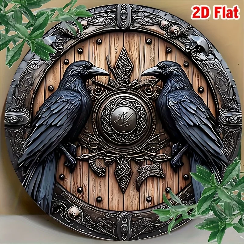 2D Flat, 1pc Viking Shield Metal Wall Art - 8x8 Inch Round 2D Flat Design with Raven & Shield, Vintage Norse Mythology Decor for