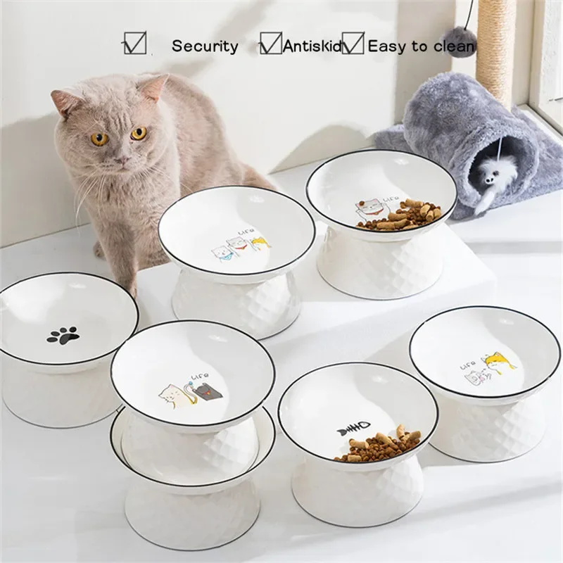 Cat Bowls Ceramic Extra Wide Raised Pet Food Bowl Dog Feeding Elevated Pets Feeder Cat Slow Feeder Cats Accessories Ramen Bowl