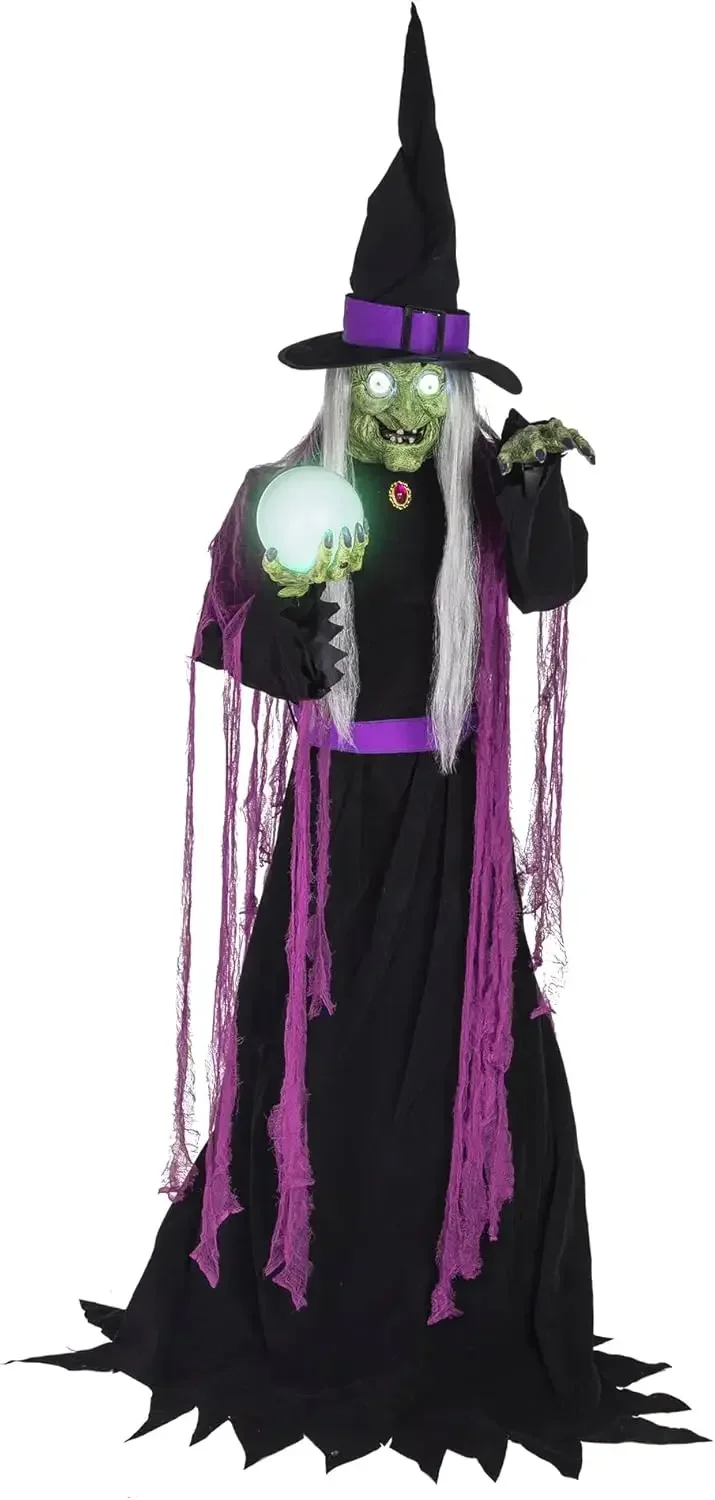 6-Ft. Tall Fortune Teller Witch, Plug-in Motion-Activated Talking Scare Prop Halloween Animatronic for Indoor