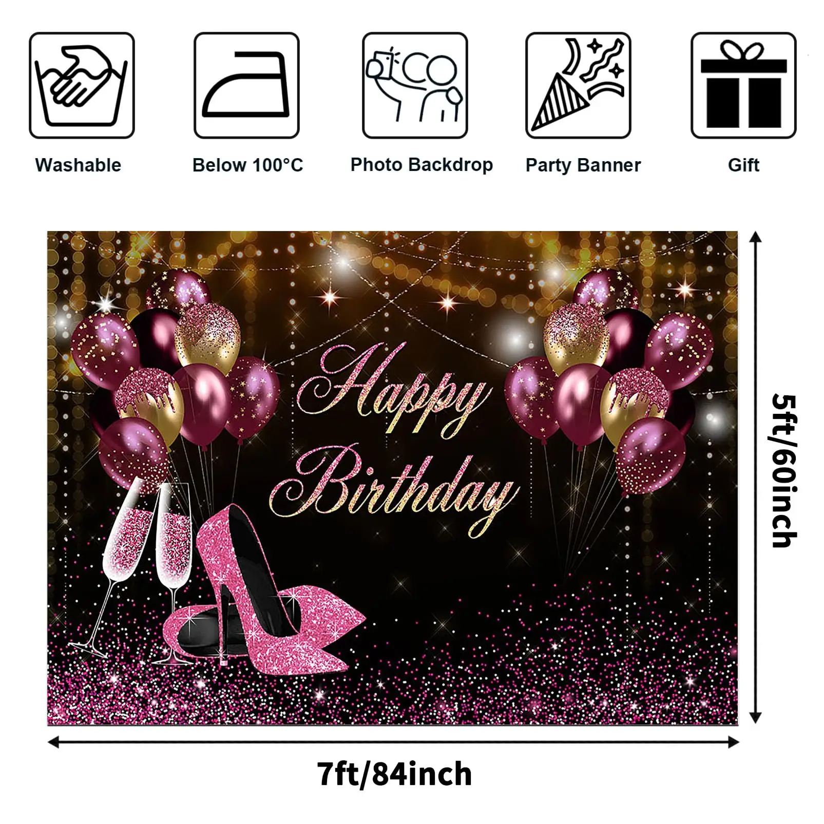 Black Gold Pink Glitters Birthday Backdrop for Girl Women Photoshoot Happy Birthday Party Banner Photography Background Props