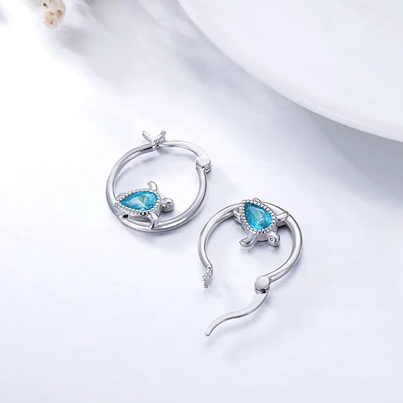 Huitan Turtle Lady Hoop Earrings with Shiny Blue CZ Silver Color Accessories for Party Engagement Versatile Daily Trendy Jewelry