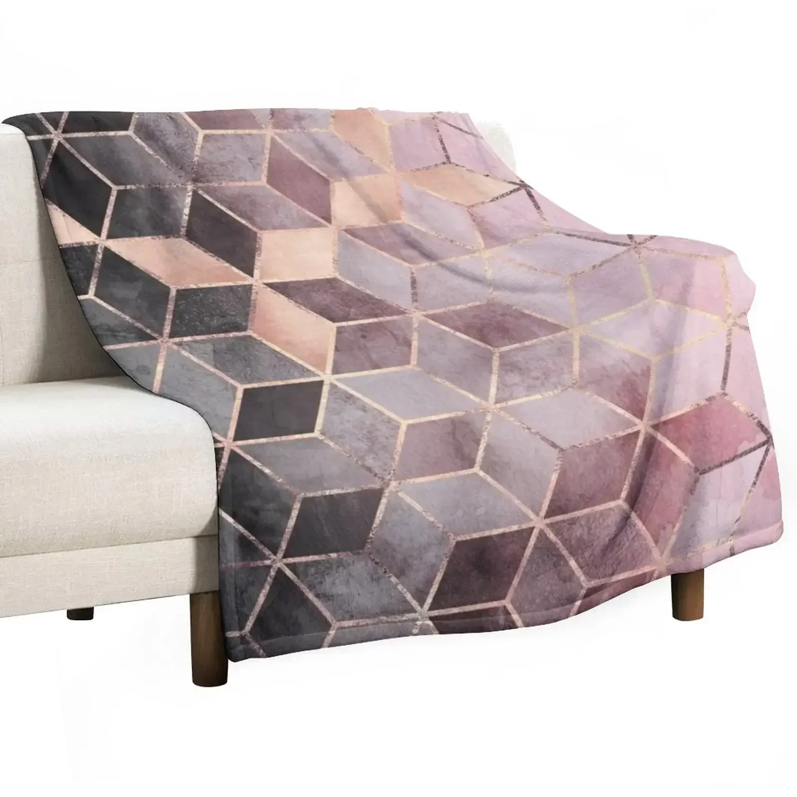 

Pink And Grey Gradient Cubes Throw Blanket Plaid on the sofa Warm Blankets